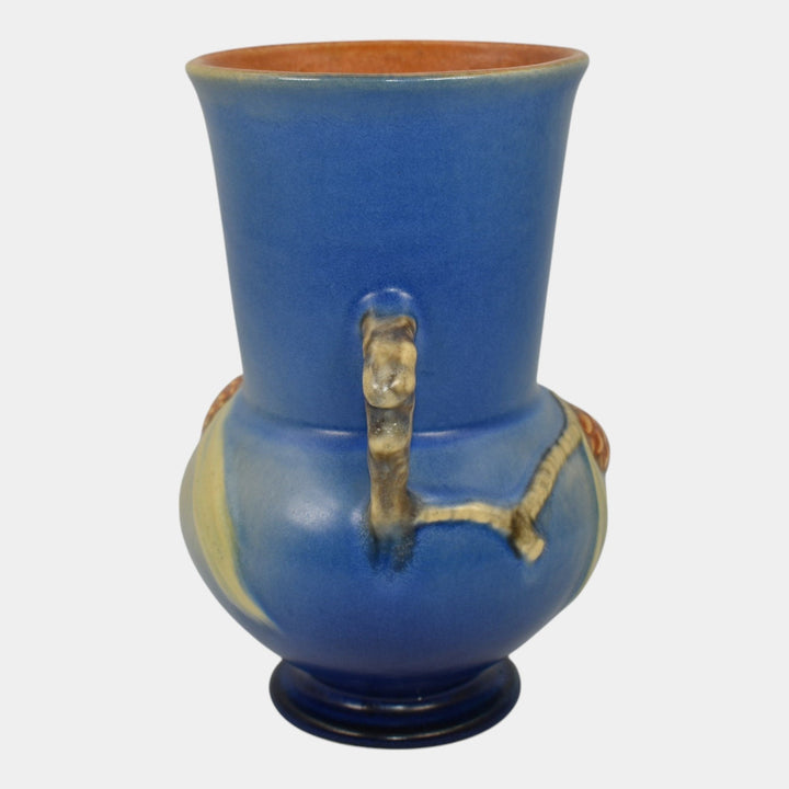 Roseville Pine Cone Blue 1940 Vintage Art Pottery Handled Ceramic Vase 839-6