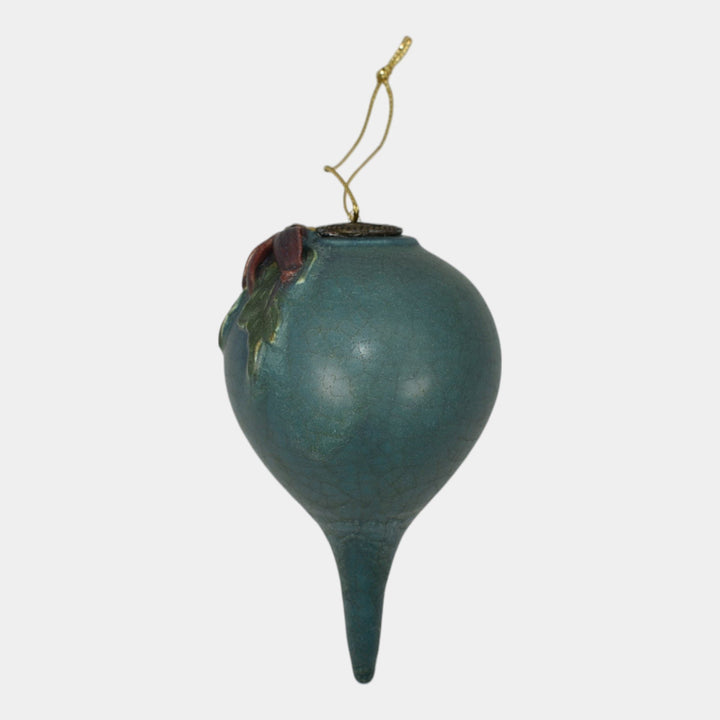 Ephraim Faience Pottery Blue Green Poinsettia Ceramic Christmas Ornament