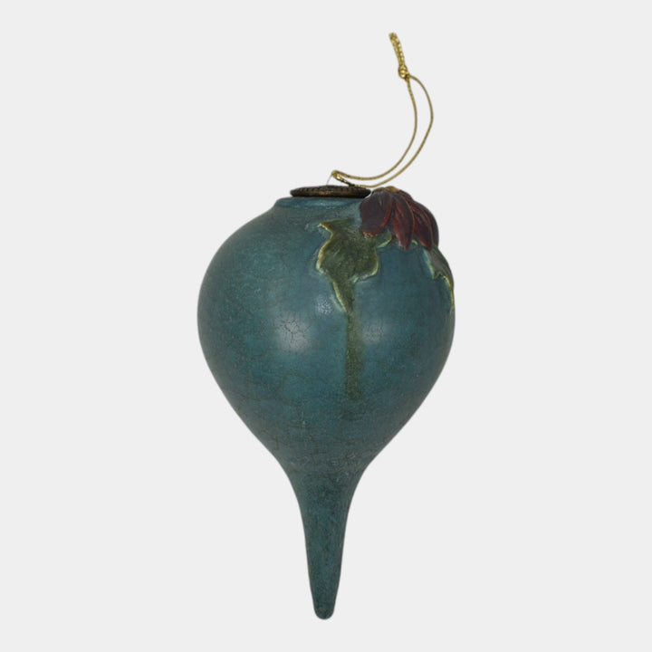 Ephraim Faience Pottery Blue Green Poinsettia Ceramic Christmas Ornament