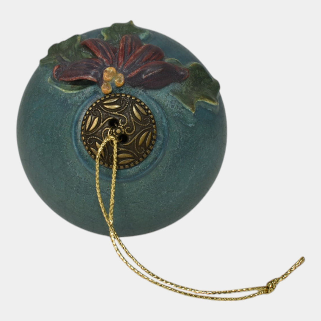 Ephraim Faience Pottery Blue Green Poinsettia Ceramic Christmas Ornament