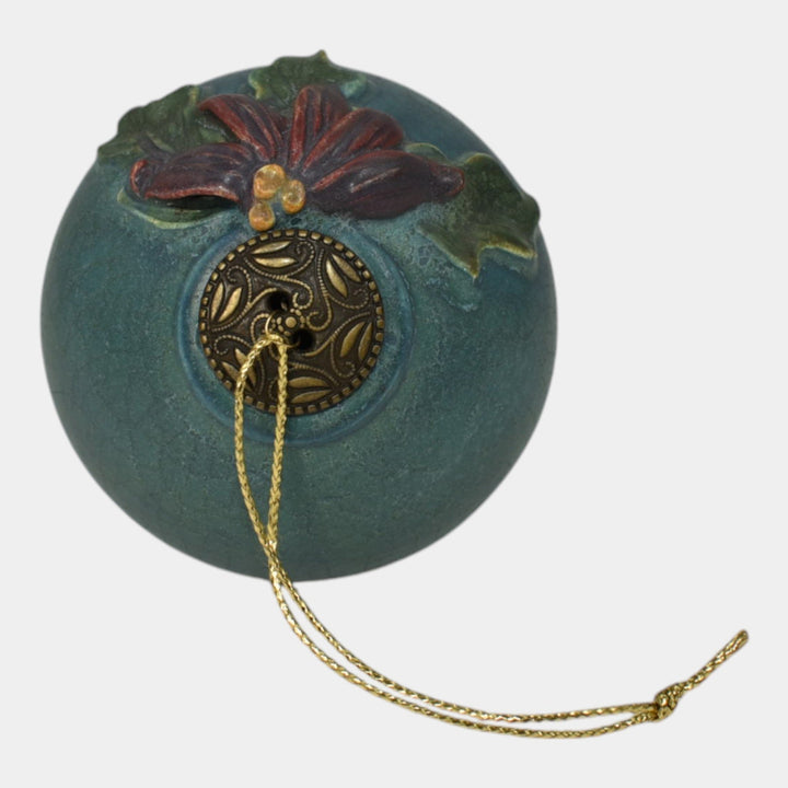 Ephraim Faience Pottery Blue Green Poinsettia Ceramic Christmas Ornament