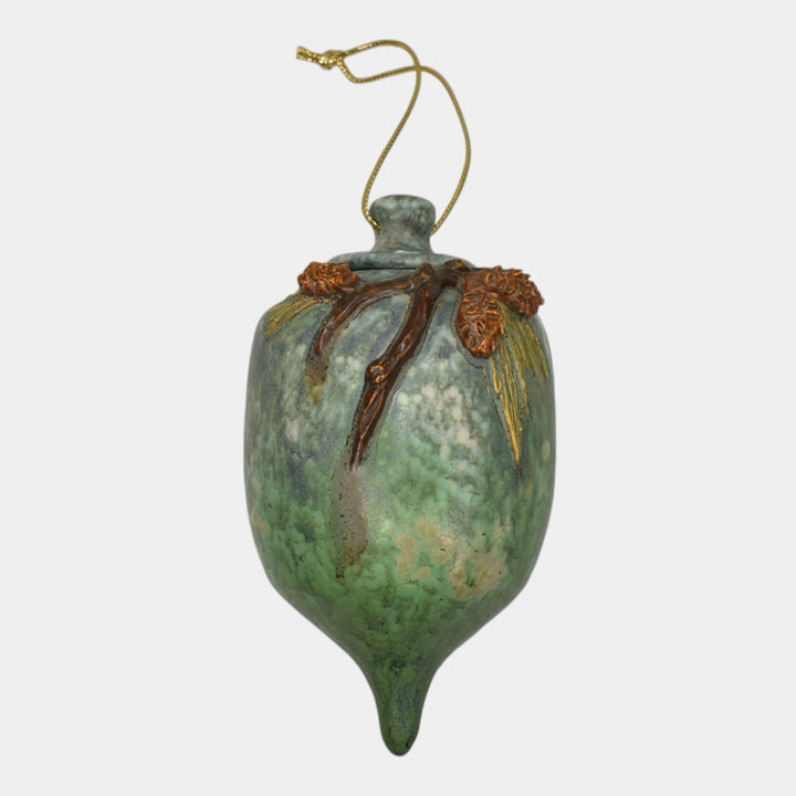 Ephraim Faience 2019 Pottery Green Snowy Pine Cone Christmas Ornament M18 - Just Art Pottery