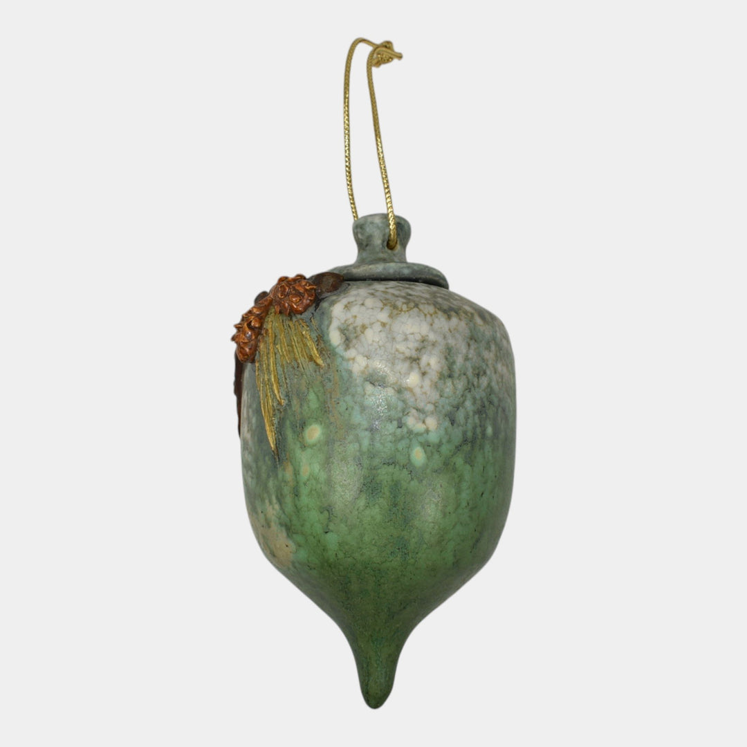 Ephraim Faience 2019 Pottery Green Snowy Pine Cone Christmas Ornament M18 - Just Art Pottery