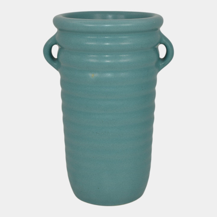 Roseville Solid Colors 1917 Art Deco Pottery Matte Aqua Blue Ribbed Vase 609-6