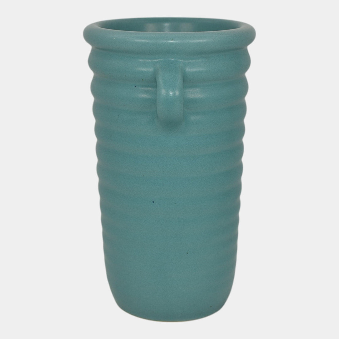 Roseville Solid Colors 1917 Art Deco Pottery Matte Aqua Blue Ribbed Vase 609-6