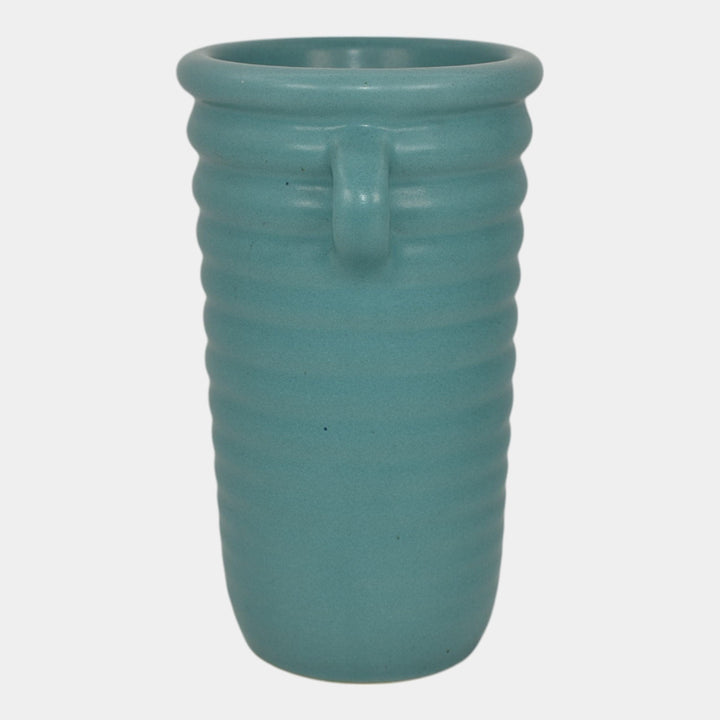 Roseville Solid Colors 1917 Art Deco Pottery Matte Aqua Blue Ribbed Vase 609-6