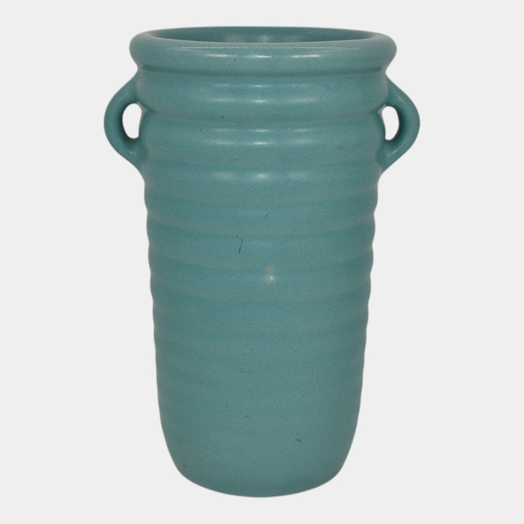 Roseville Solid Colors 1917 Art Deco Pottery Matte Aqua Blue Ribbed Vase 609-6