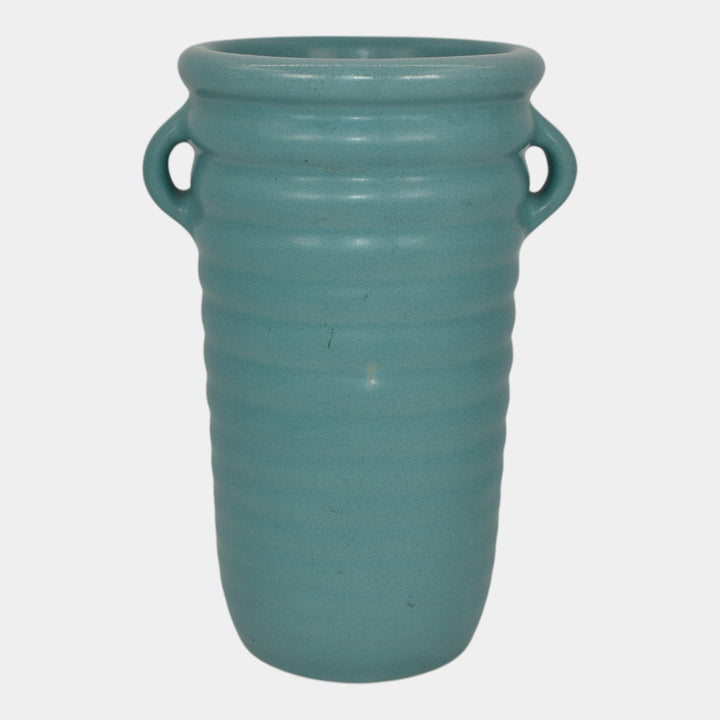 Roseville Solid Colors 1917 Art Deco Pottery Matte Aqua Blue Ribbed Vase 609-6