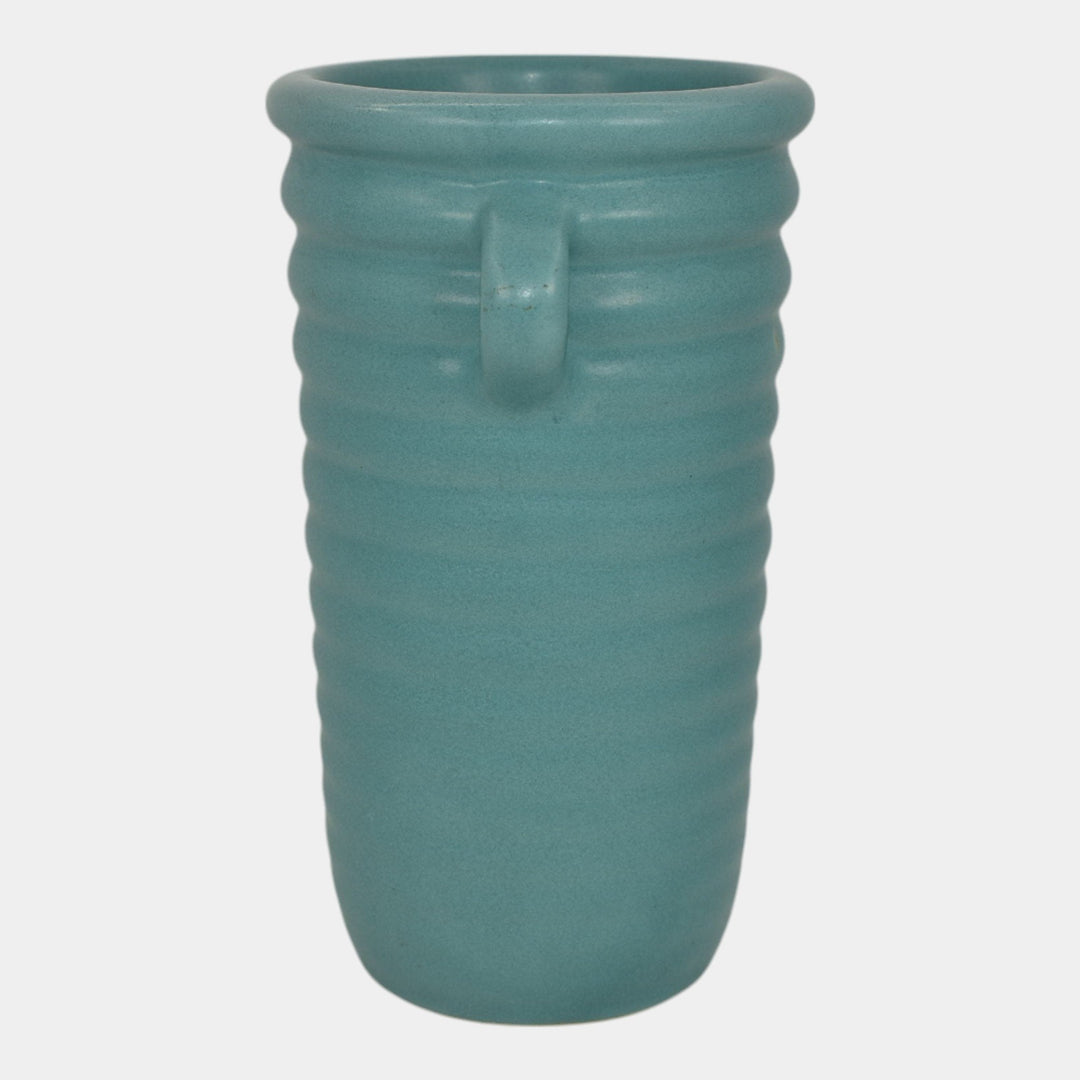 Roseville Solid Colors 1917 Art Deco Pottery Matte Aqua Blue Ribbed Vase 609-6