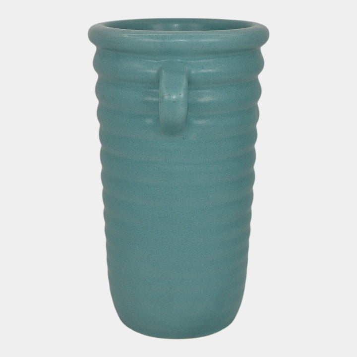 Roseville Solid Colors 1917 Art Deco Pottery Matte Aqua Blue Ribbed Vase 609-6