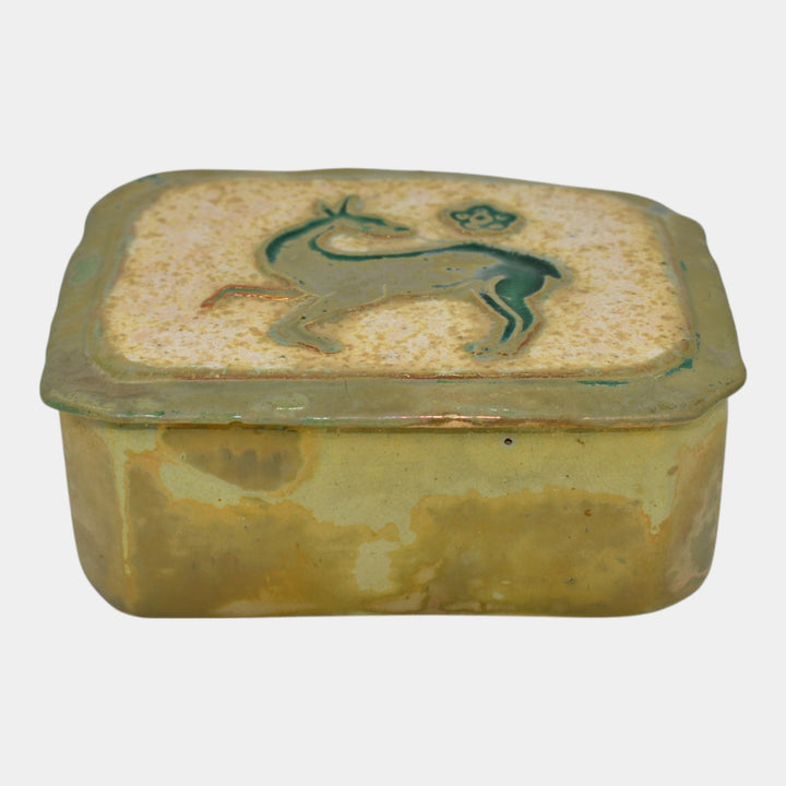 Pewabic Detroit 1940s Iridescent Gold Cigarette Box With Playful Deer Lid - Just Art Pottery