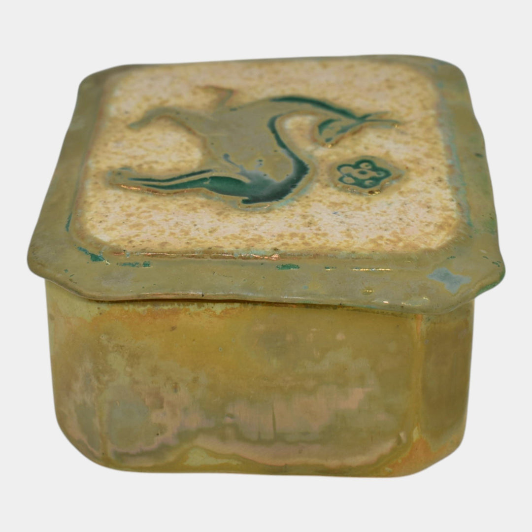 Pewabic Detroit 1940s Iridescent Gold Cigarette Box With Playful Deer Lid - Just Art Pottery