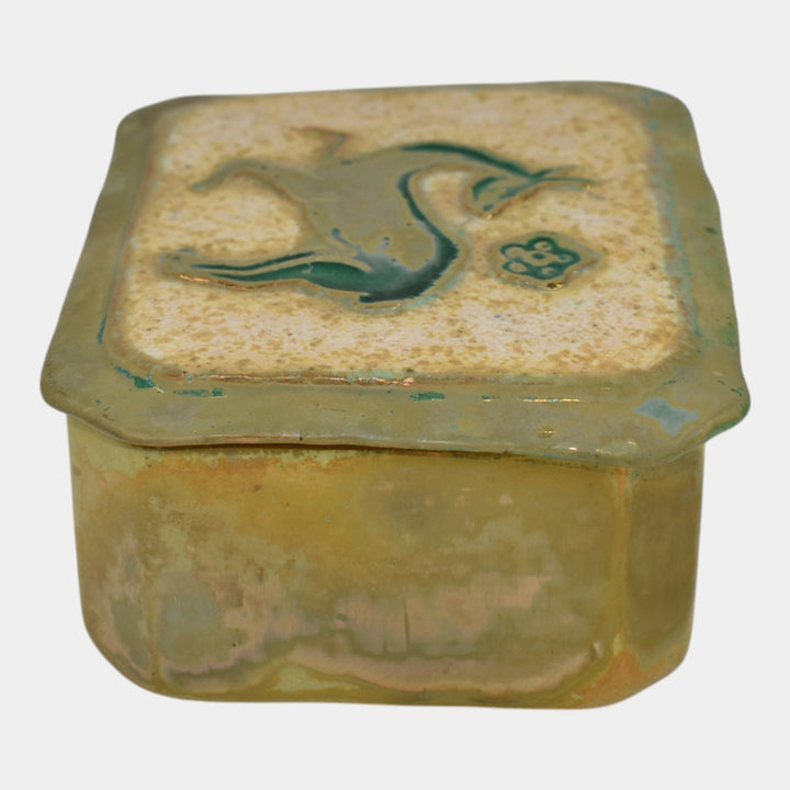 Pewabic Detroit 1940s Iridescent Gold Cigarette Box With Playful Deer Lid - Just Art Pottery