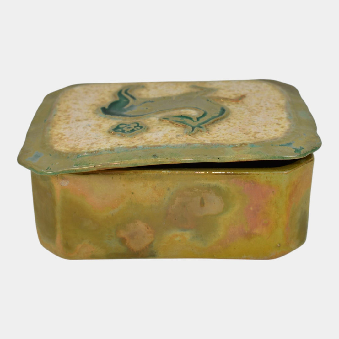 Pewabic Detroit 1940s Iridescent Gold Cigarette Box With Playful Deer Lid - Just Art Pottery