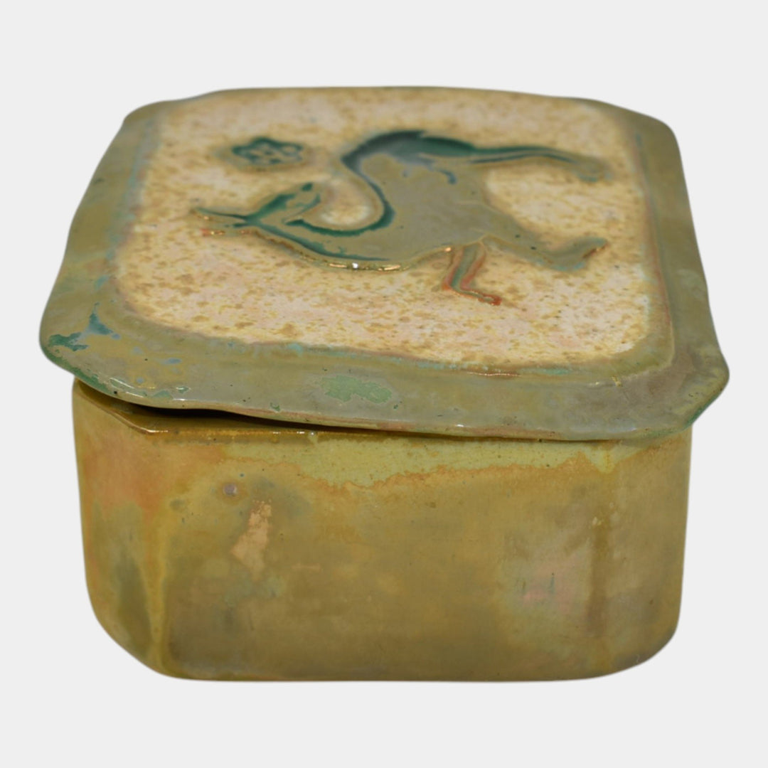 Pewabic Detroit 1940s Iridescent Gold Cigarette Box With Playful Deer Lid - Just Art Pottery