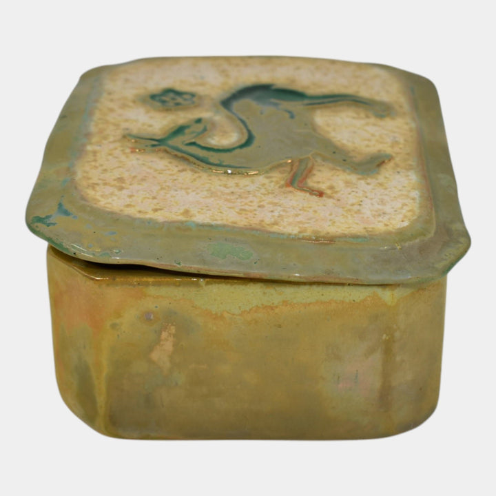 Pewabic Detroit 1940s Iridescent Gold Cigarette Box With Playful Deer Lid - Just Art Pottery