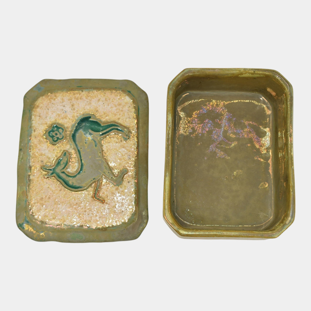 Pewabic Detroit 1940s Iridescent Gold Cigarette Box With Playful Deer Lid - Just Art Pottery