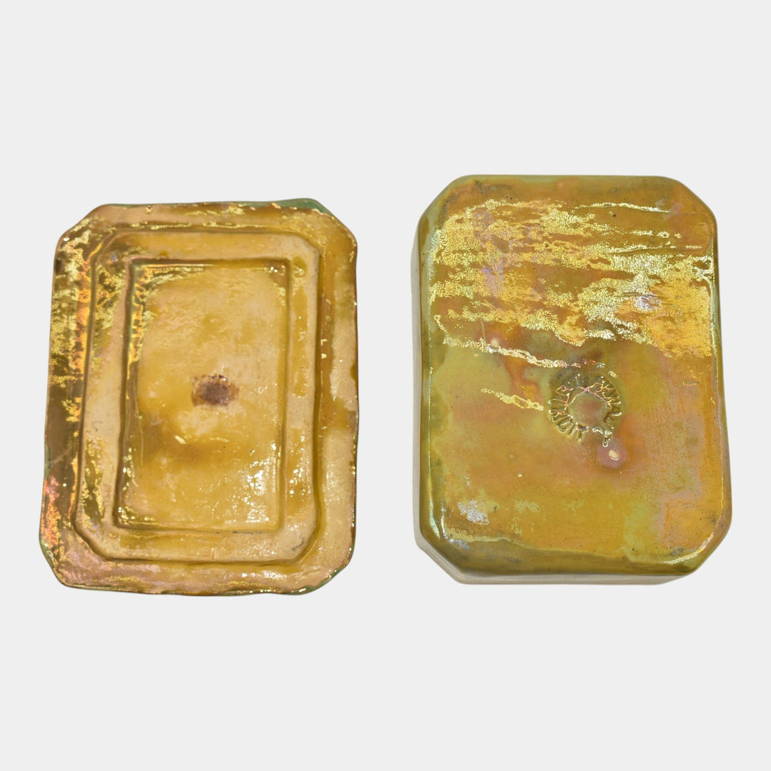 Pewabic Detroit 1940s Iridescent Gold Cigarette Box With Playful Deer Lid - Just Art Pottery