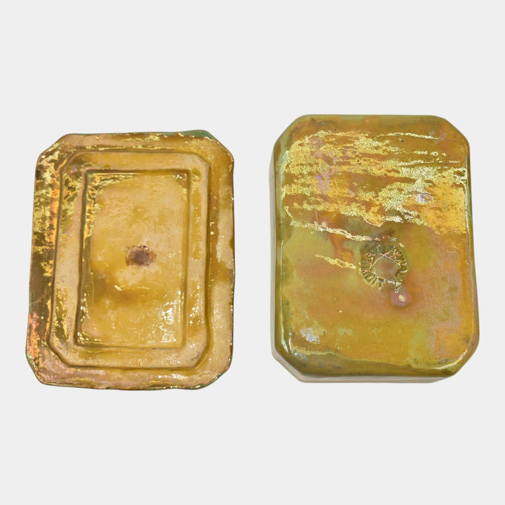 Pewabic Detroit 1940s Iridescent Gold Cigarette Box With Playful Deer Lid - Just Art Pottery