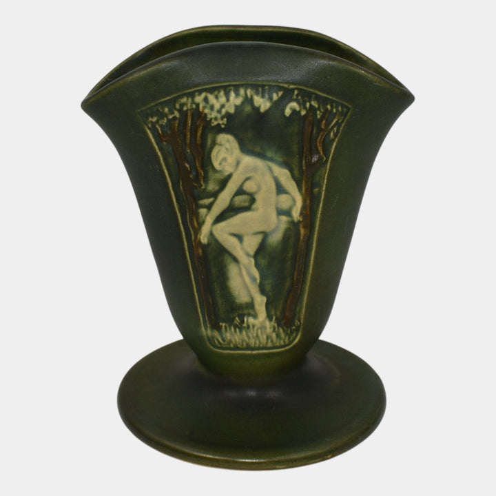 Roseville Rosecraft Panel Green 1926 Vintage Art Pottery Ceramic Nude Fan Vase