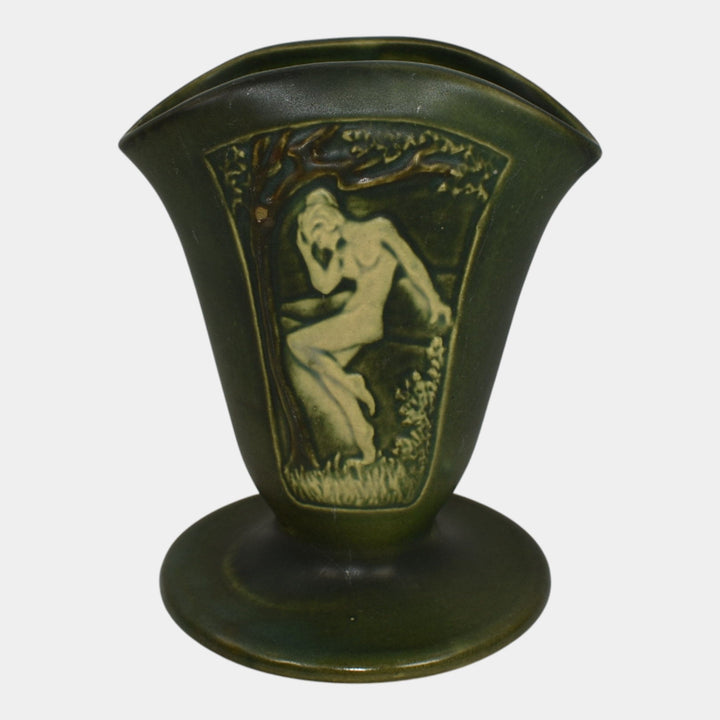 Roseville Rosecraft Panel Green 1926 Vintage Art Pottery Ceramic Nude Fan Vase