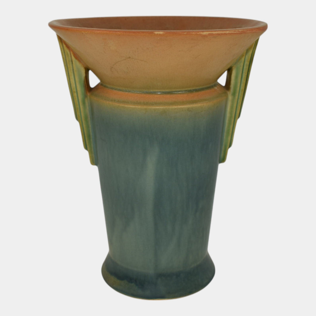 Roseville Futura Tan And Blue 1928 Vintage Art Deco Pottery Winged Vase 426-8 - Just Art Pottery