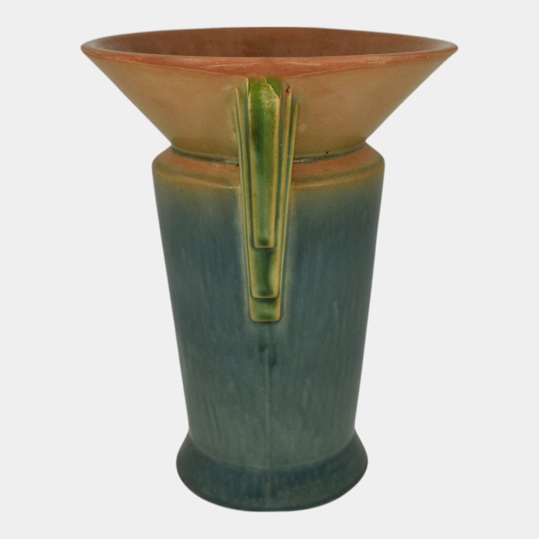 Roseville Futura Tan And Blue 1928 Vintage Art Deco Pottery Winged Vase 426-8 - Just Art Pottery