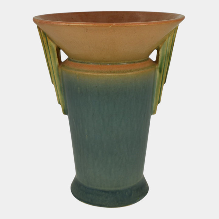 Roseville Futura Tan And Blue 1928 Vintage Art Deco Pottery Winged Vase 426-8 - Just Art Pottery
