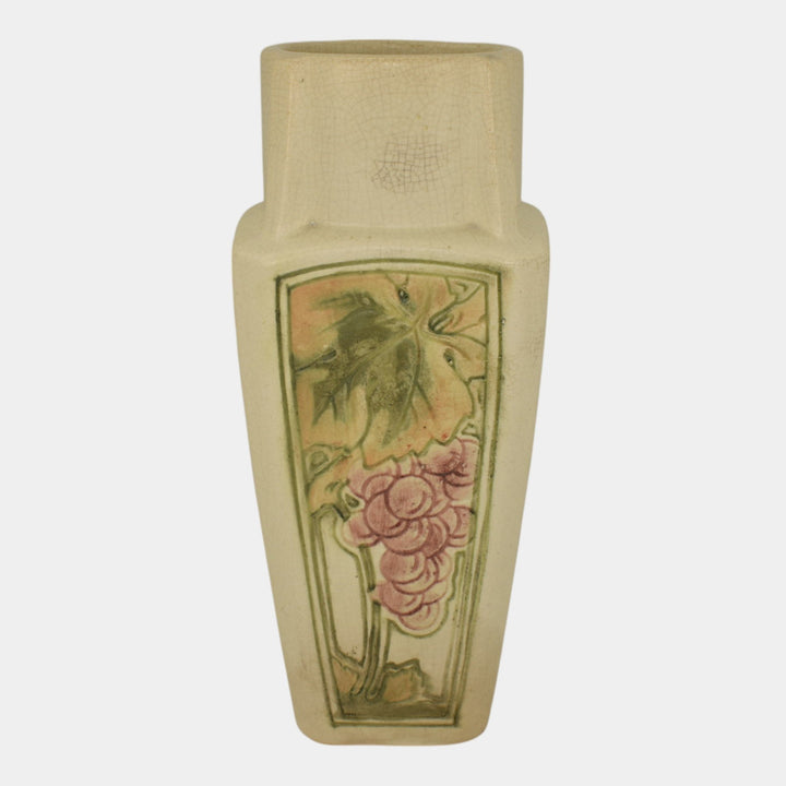 Weller Roma Atlantic 1920s Vintage Art Pottery Ivory Grapes Panel Ceramic Vase - Just Art Pottery