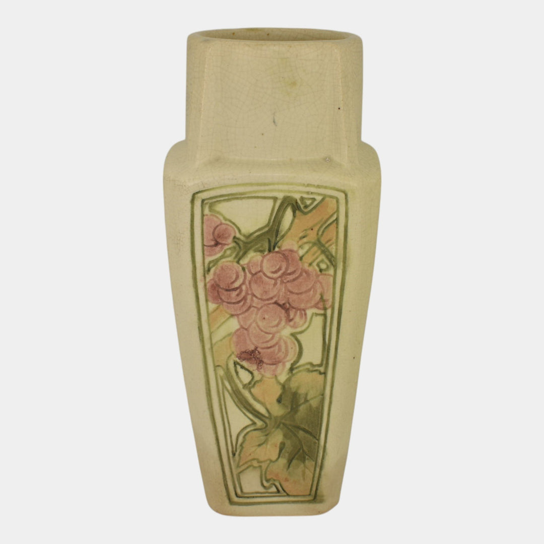 Weller Roma Atlantic 1920s Vintage Art Pottery Ivory Grapes Panel Ceramic Vase - Just Art Pottery