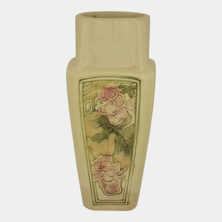 Weller Roma Atlantic 1920s Vintage Art Pottery Ivory Grapes Panel Ceramic Vase - Just Art Pottery