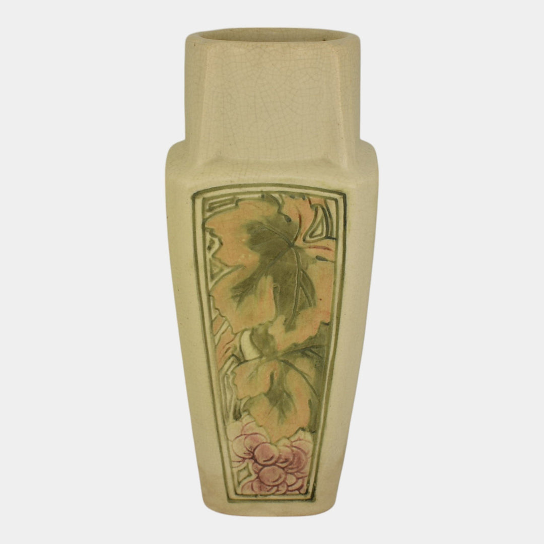 Weller Roma Atlantic 1920s Vintage Art Pottery Ivory Grapes Panel Ceramic Vase - Just Art Pottery