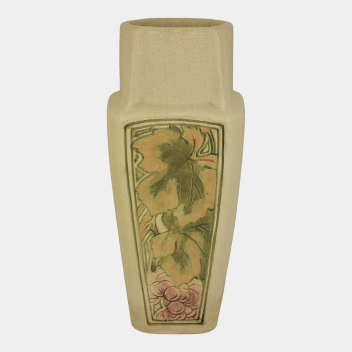 Weller Roma Atlantic 1920s Vintage Art Pottery Ivory Grapes Panel Ceramic Vase - Just Art Pottery