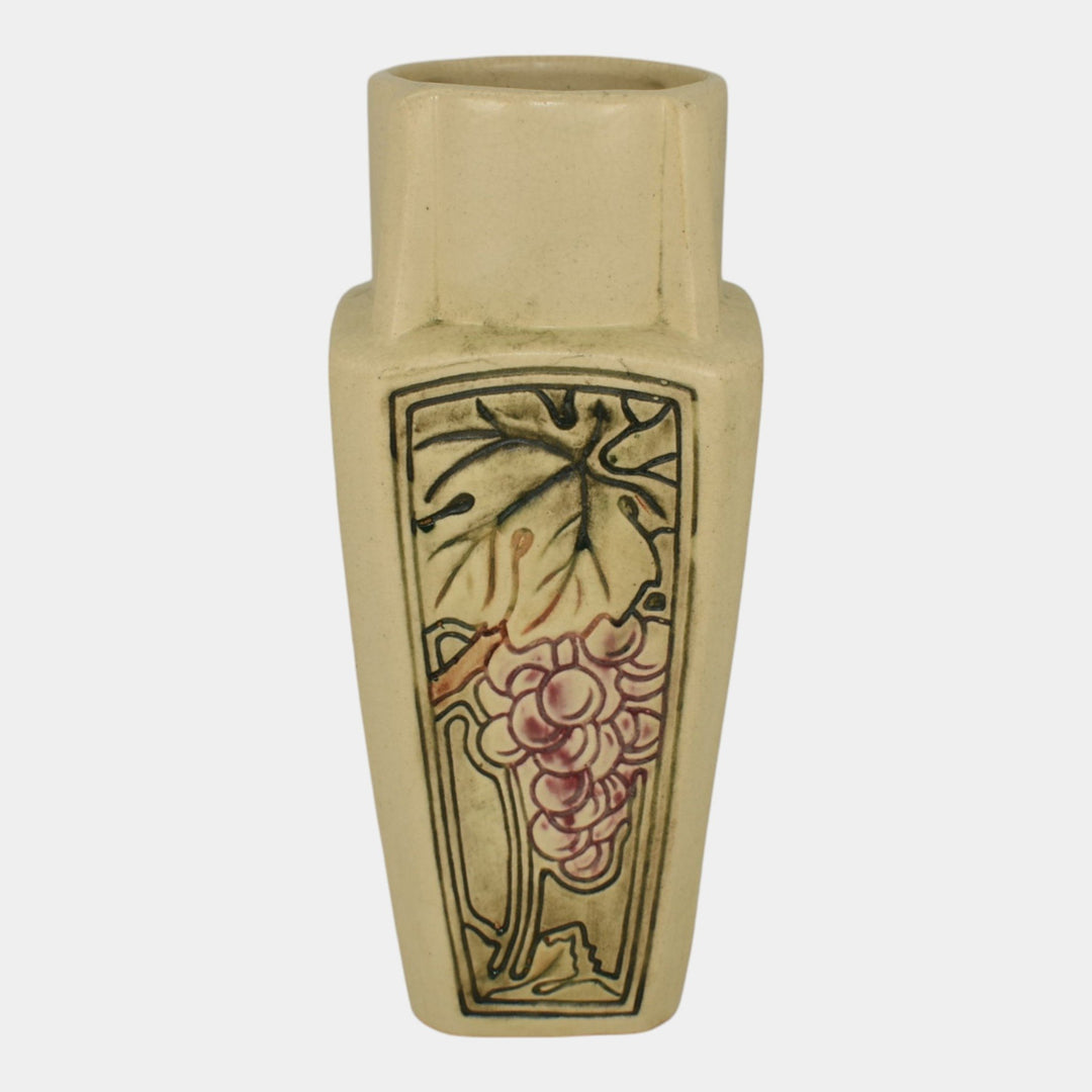 Weller Roma Atlantic 1920s Vintage Art Pottery Ivory Grapes Panel Vase - Just Art Pottery
