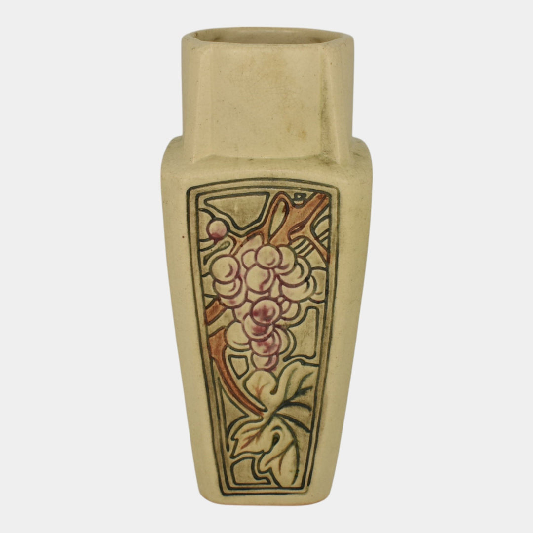 Weller Roma Atlantic 1920s Vintage Art Pottery Ivory Grapes Panel Vase - Just Art Pottery