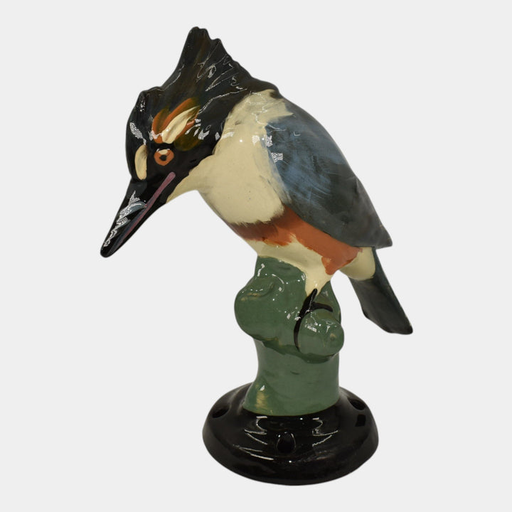 Weller Brighton 1915 Vintage Art Pottery Kingfisher Figurine Ceramic Flower Frog