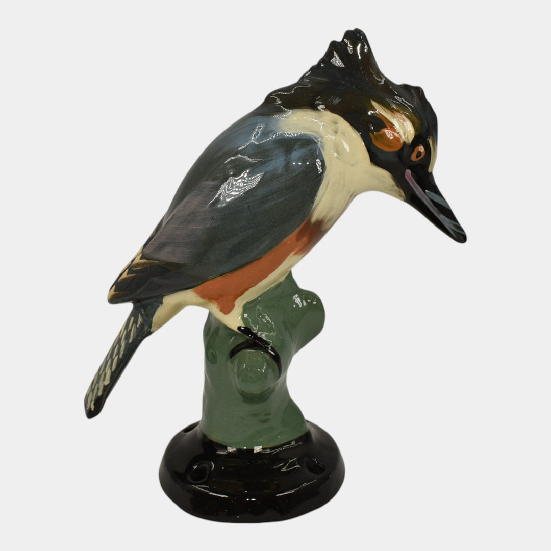 Weller Brighton 1915 Vintage Art Pottery Kingfisher Figurine Ceramic Flower Frog