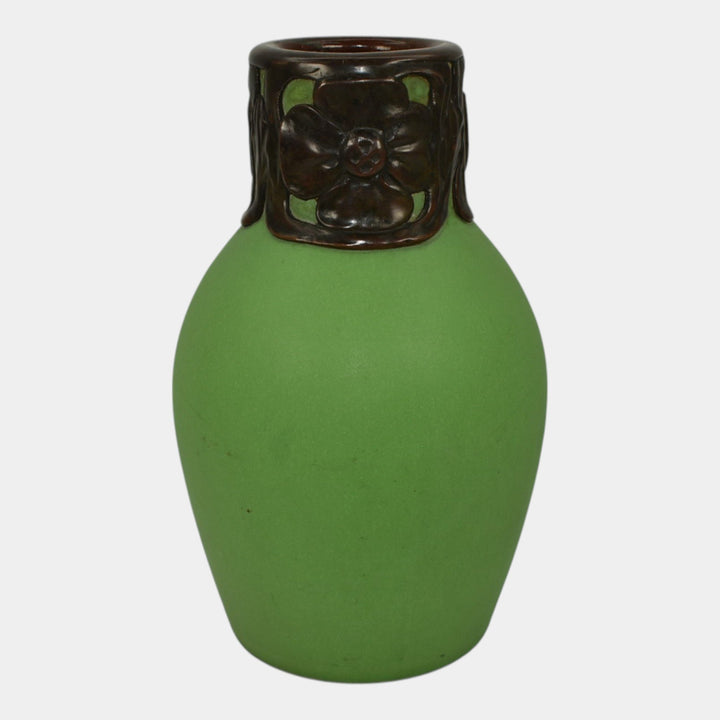 Van Briggle 1902 Pottery Matte Green Vase Art Nouveau Bronze Metal Overlay