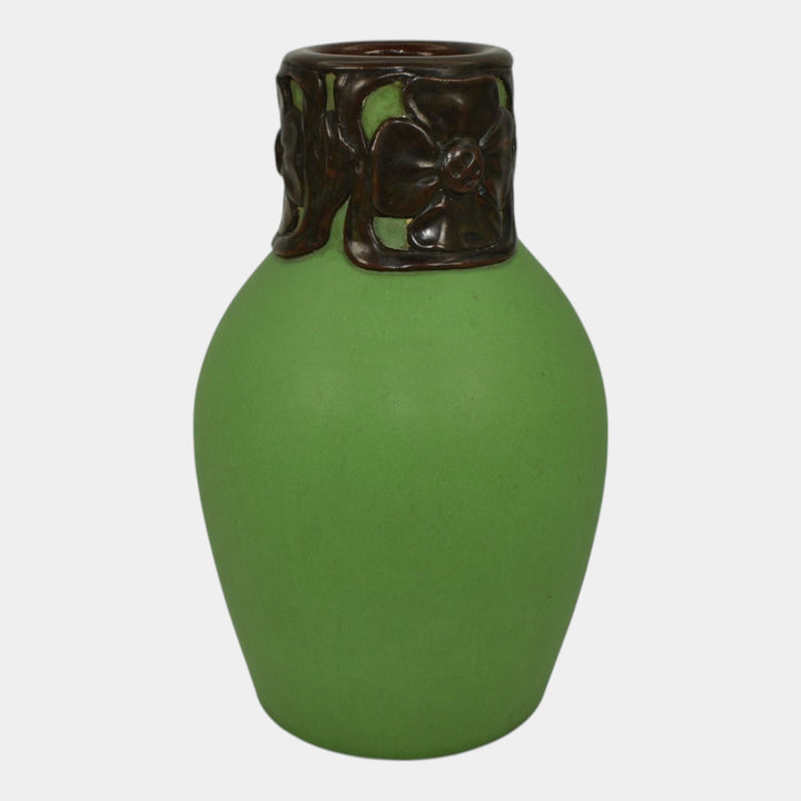 Van Briggle 1902 Pottery Matte Green Vase Art Nouveau Bronze Metal Overlay
