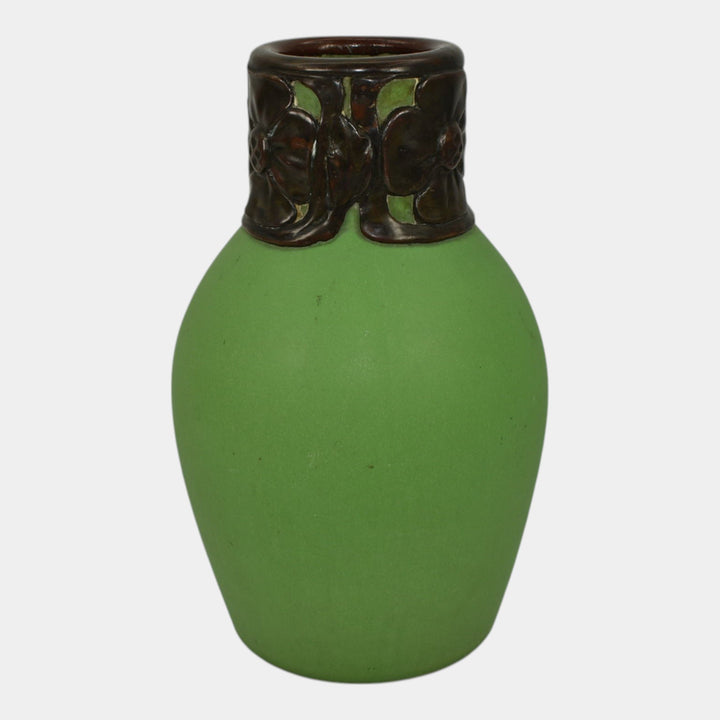 Van Briggle 1902 Pottery Matte Green Vase Art Nouveau Bronze Metal Overlay