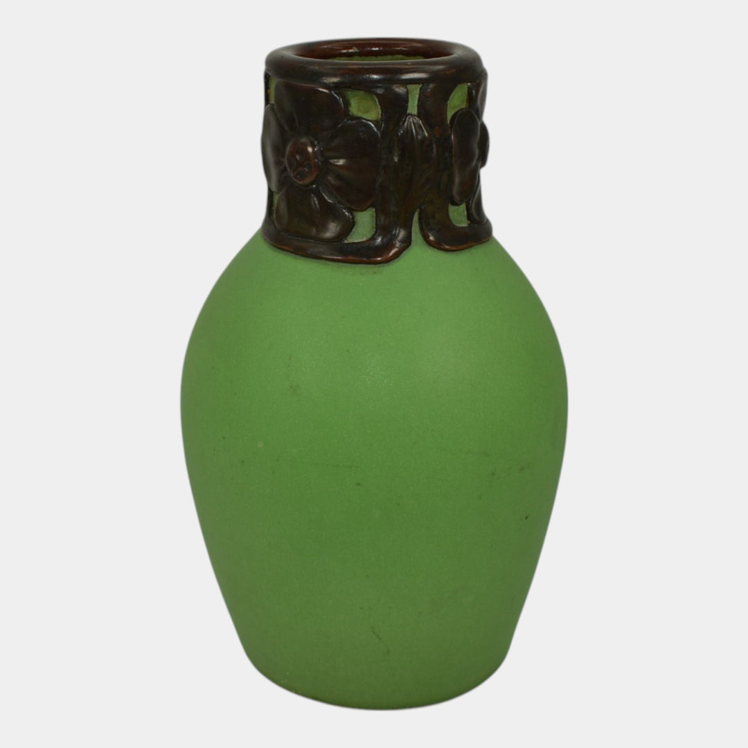 Van Briggle 1902 Pottery Matte Green Vase Art Nouveau Bronze Metal Overlay
