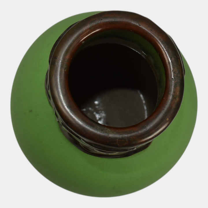 Van Briggle 1902 Pottery Matte Green Vase Art Nouveau Bronze Metal Overlay