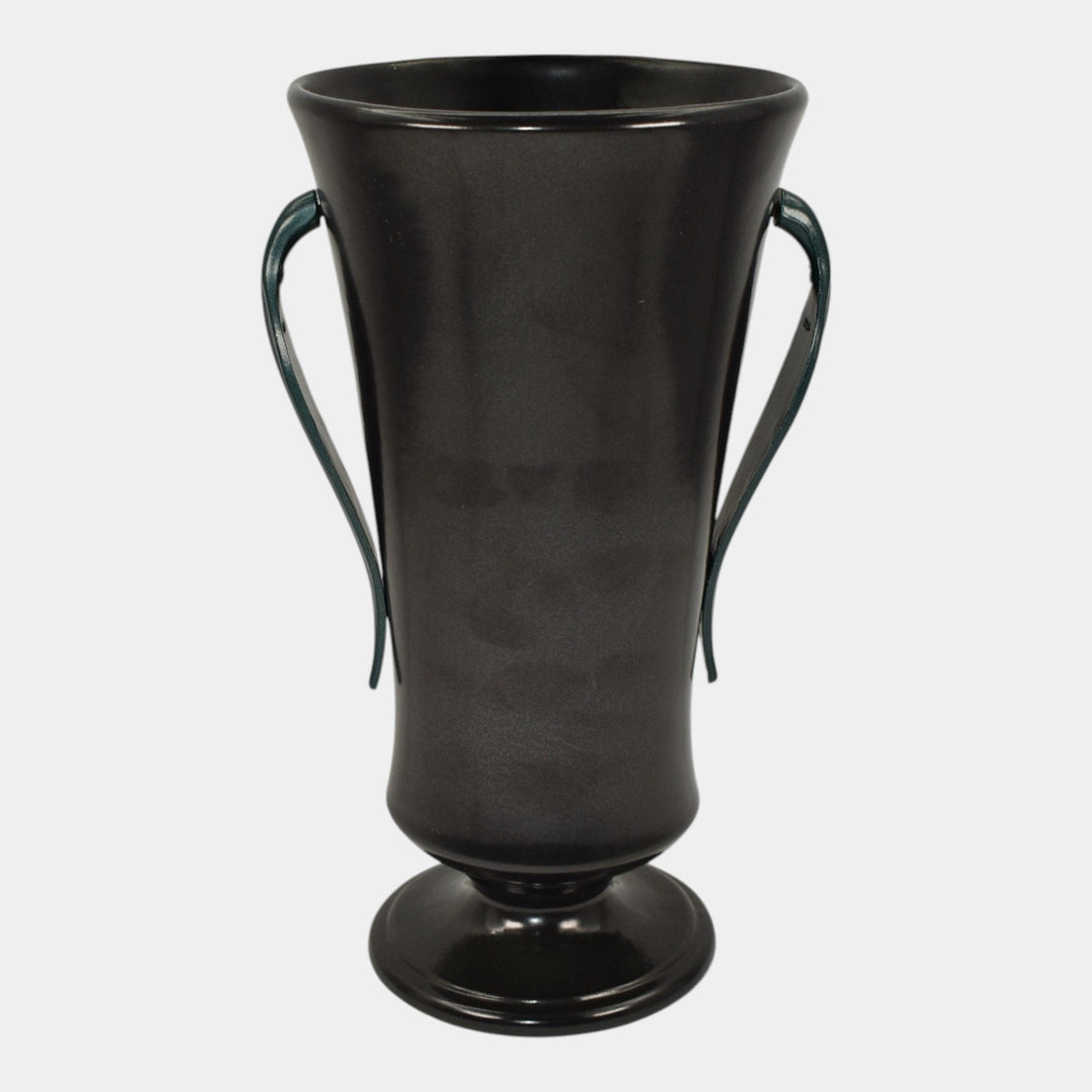 Red Wing 1930s Vintage Art Deco Pottery Black Ceramic Metal Handled Vase