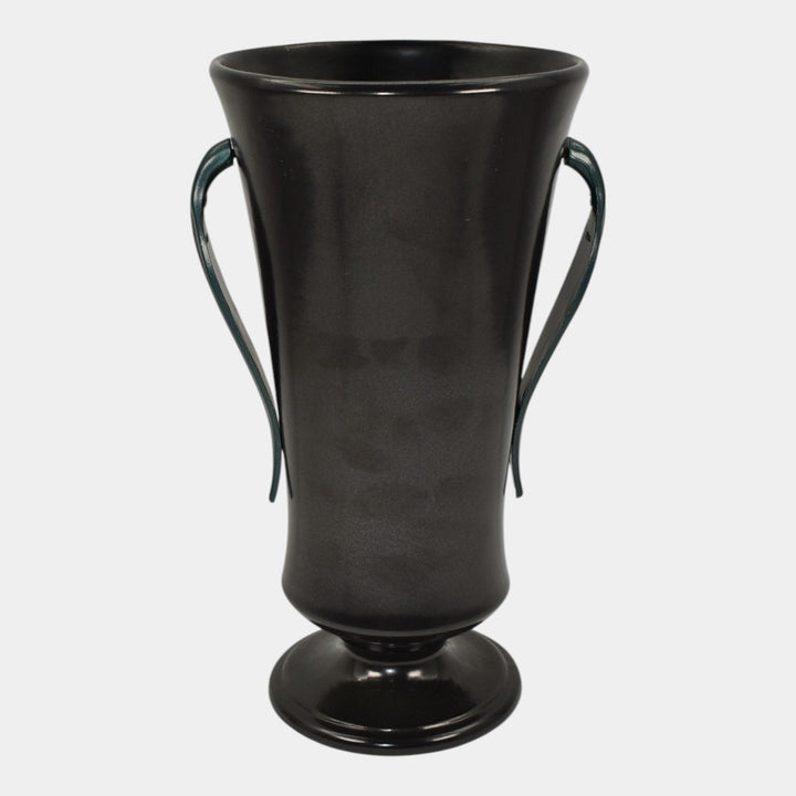 Red Wing 1930s Vintage Art Deco Pottery Black Ceramic Metal Handled Vase