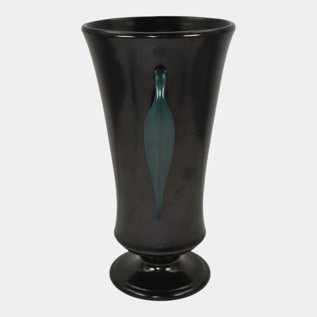 Red Wing 1930s Vintage Art Deco Pottery Black Ceramic Metal Handled Vase