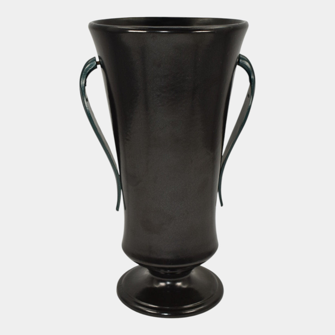 Red Wing 1930s Vintage Art Deco Pottery Black Ceramic Metal Handled Vase