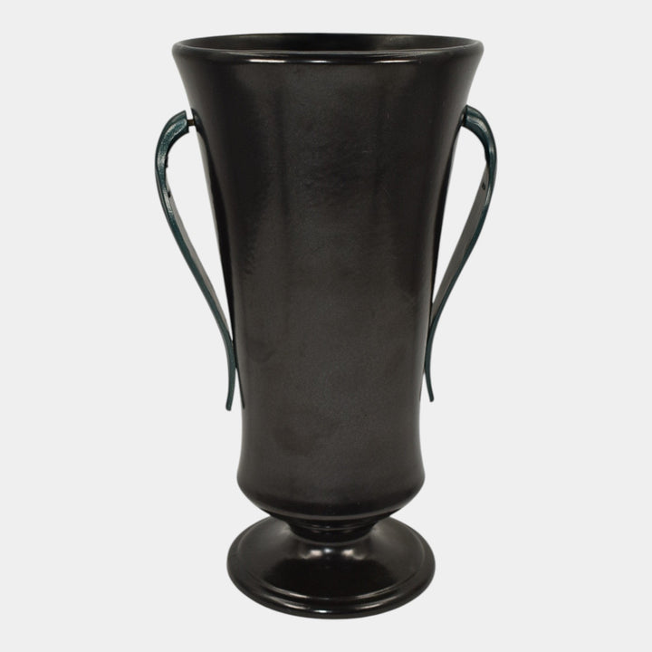 Red Wing 1930s Vintage Art Deco Pottery Black Ceramic Metal Handled Vase