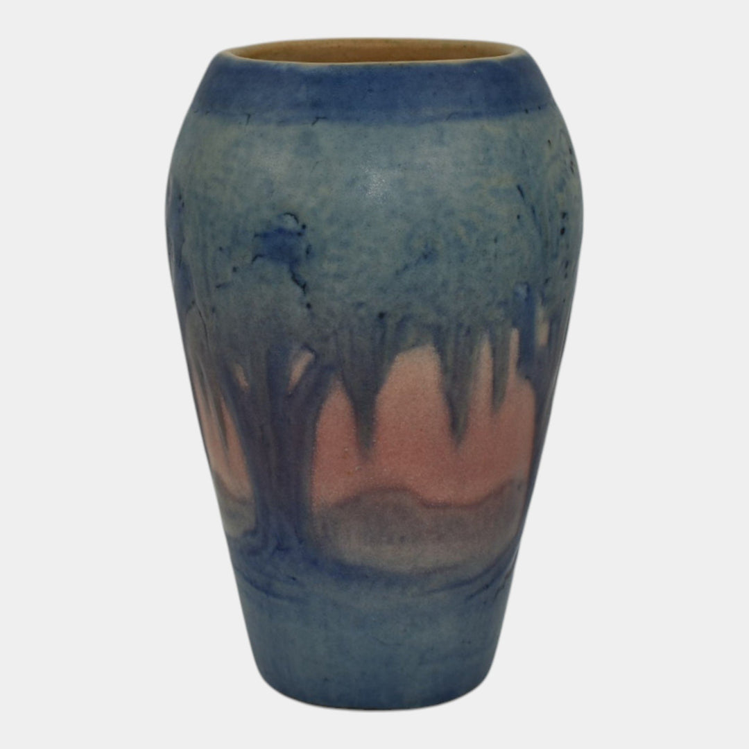 Newcomb College 1927 Vintage Twilight Scenic Pottery Blue Pink Oaks Vase