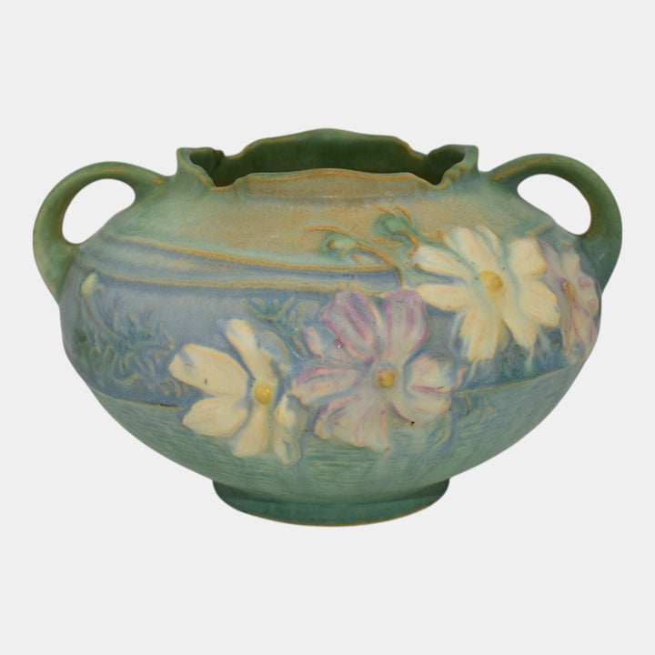 Roseville Cosmos Green 1939 Vintage Art Deco Pottery Ceramic Handled Bowl 375-4