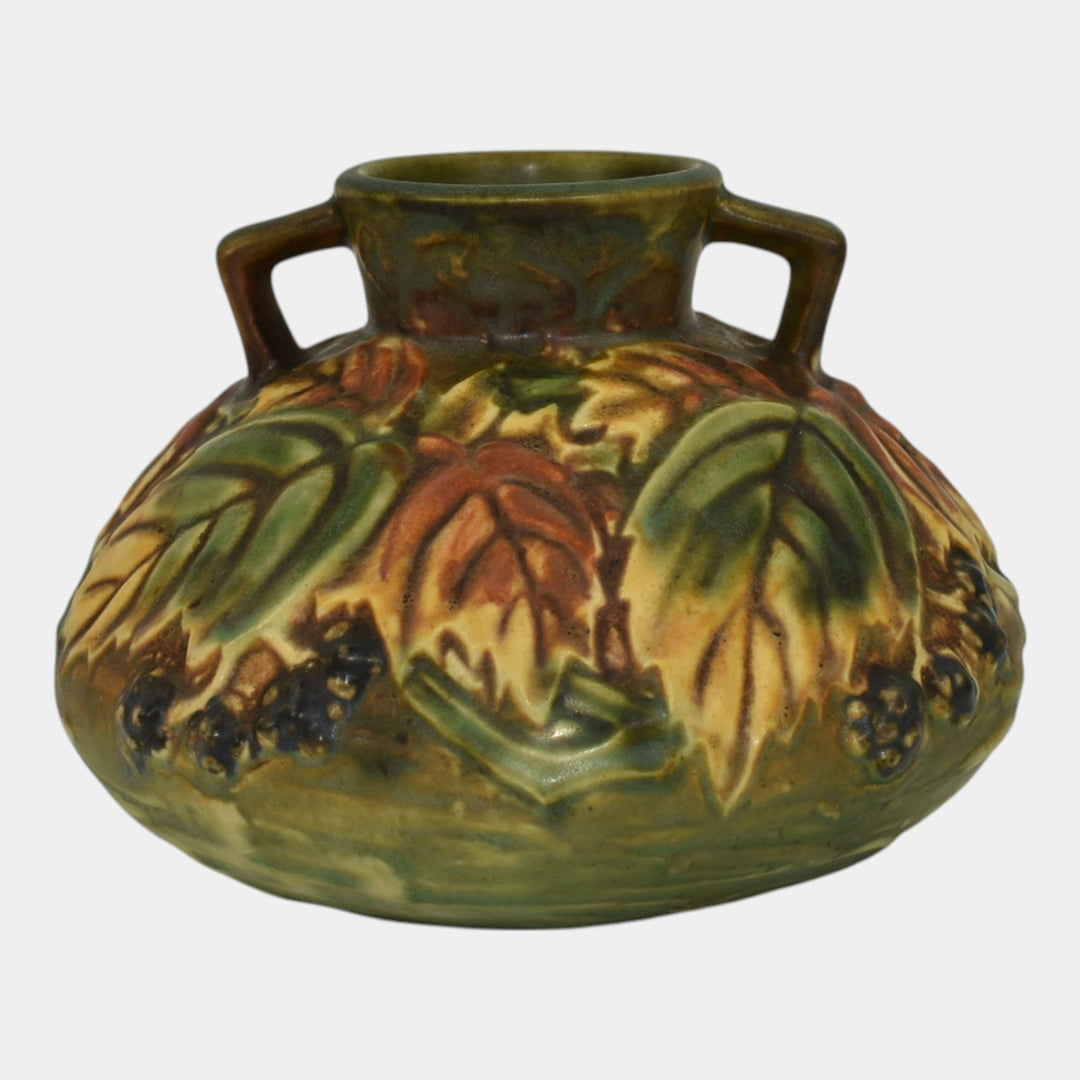 Roseville Blackberry 1932 Vintage Art Pottery Green Ceramic Squat Vase 568-4